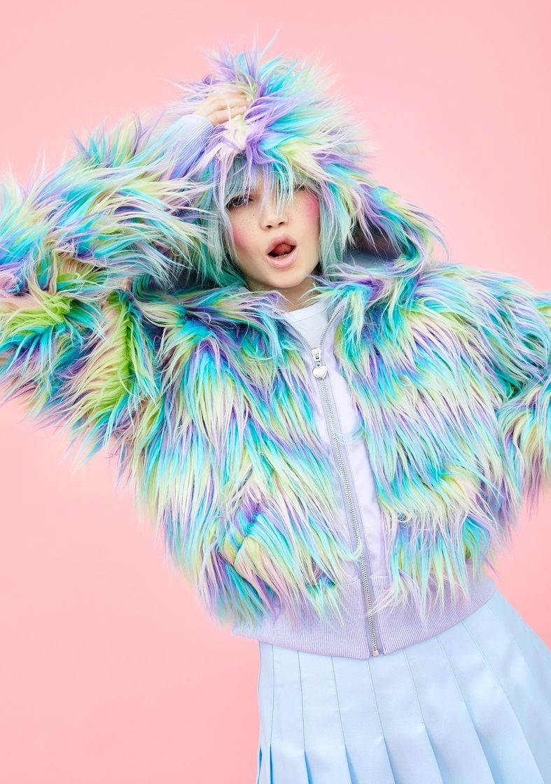 Moda Sugar Thrillz Pastel Rainbow Faux Fur Jacket | Dolls Kill