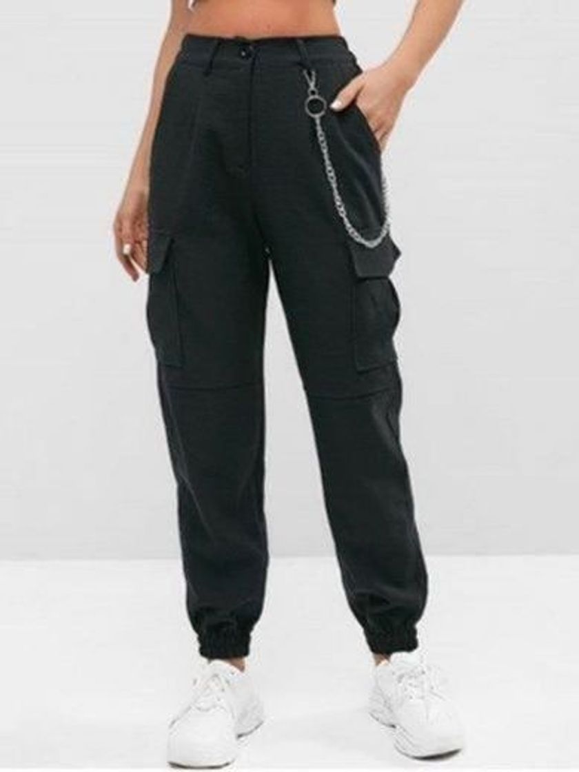 Social Pantalon con Cadena y Bolsillos Mujer Retro Boyfriend Pantalone Chandal Cargo Baggy Hip Hop Danza Harem Pants Leggins Deporte Cintura Alta Sólido Casual Trousers Verano Pantalones Punk Rock Streetwear
