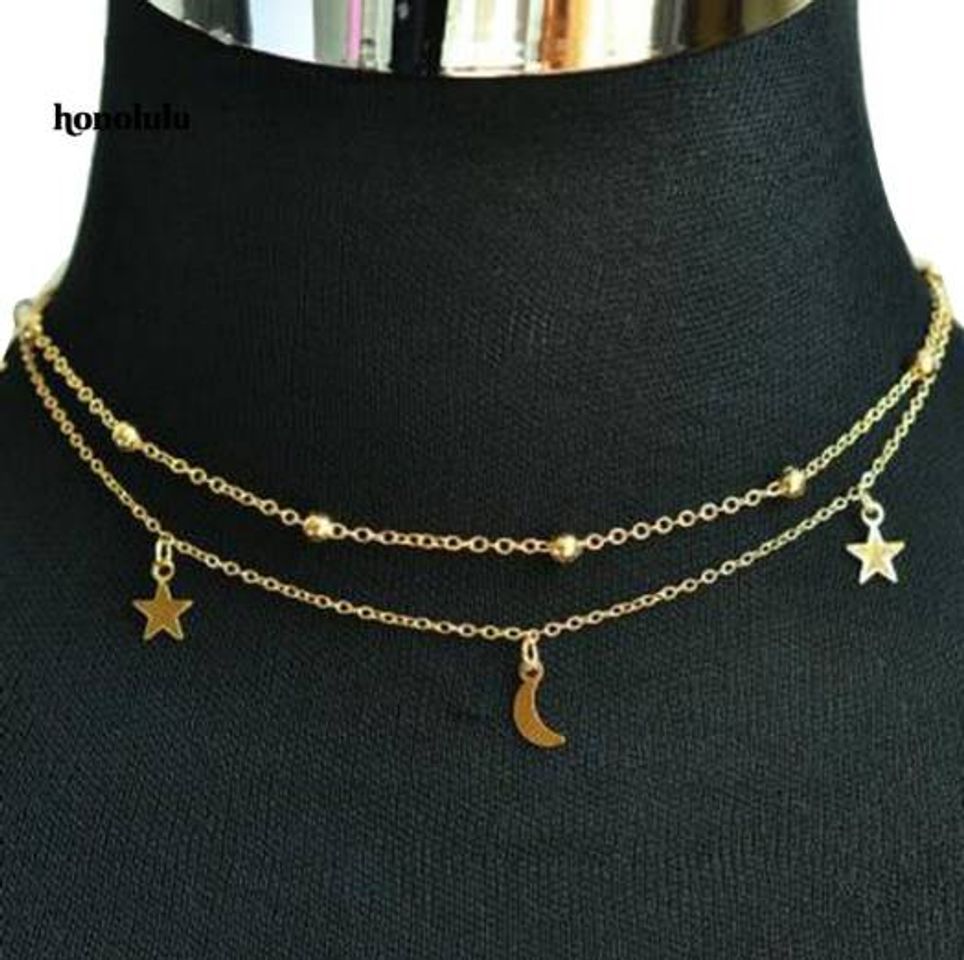 Moda Colar Dourado Lua e Estrelas Aesthetic — Shopee