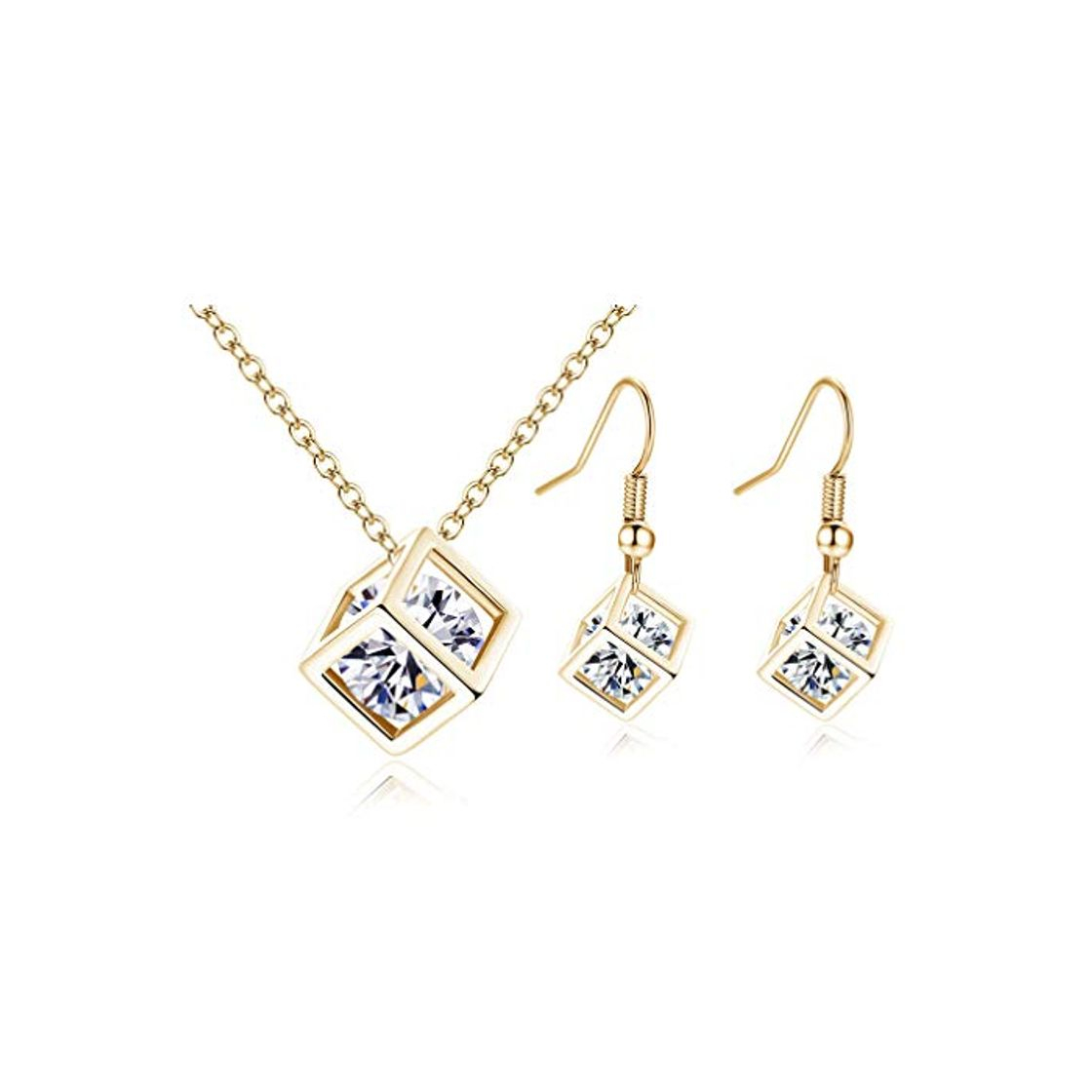 Fashion YAZILIND Cubic Zirconia Cube Pendant Necklace Hook Earrings Set Gold