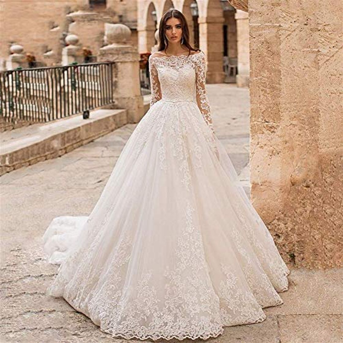 Moda Simplicidad Elegante Vestido de Novia Cuello Barco Manga Larga Encaje de la Boda Princesa Vestido de Novia Trailing Palace Retro Simplicidad Elegante Vestido de Novia Simplicidad Elegante Vestidos de