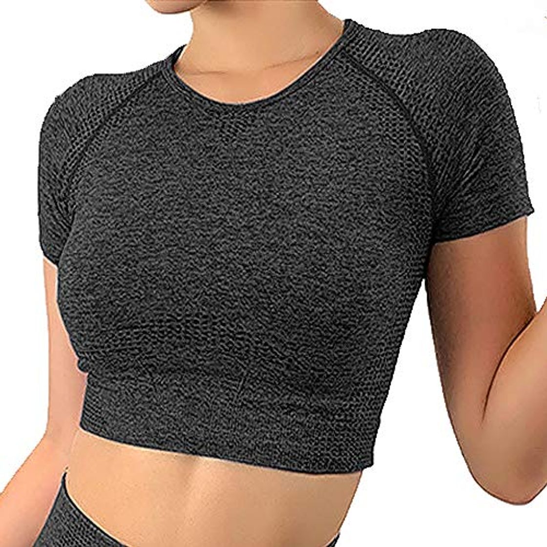 Fashion Tops Yoga Camiseta Deportiva Sin Costura Mangas Larga Fitness Mujer Gimnasio Sin Relleno #4 Negro S