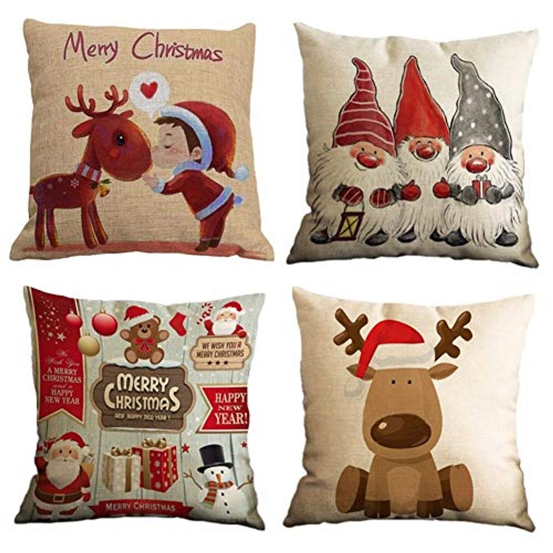 Productos Gspirit Feliz Navidad 4 Pack Encantador Papá Noel Alce Algodón Lino Throw