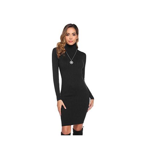 Abollria Vestido a Punto Suéter Elegante para Mujer Jerséy Clásico para Otoño Invierno Cuello Alto