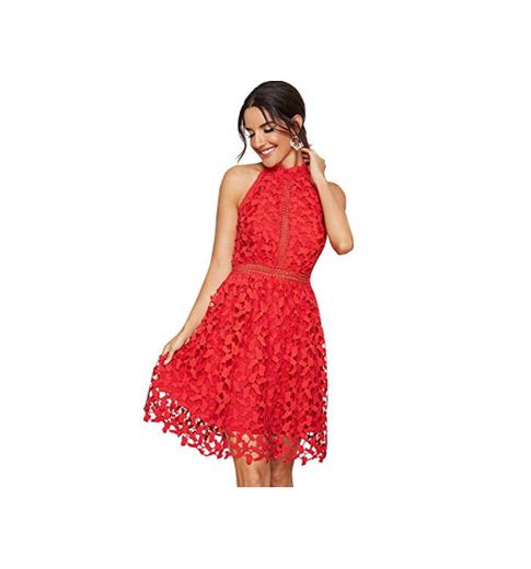 Floerns Women's Sleeveless Halter Neck Lace Party Cocktail A Line Dress Red XS