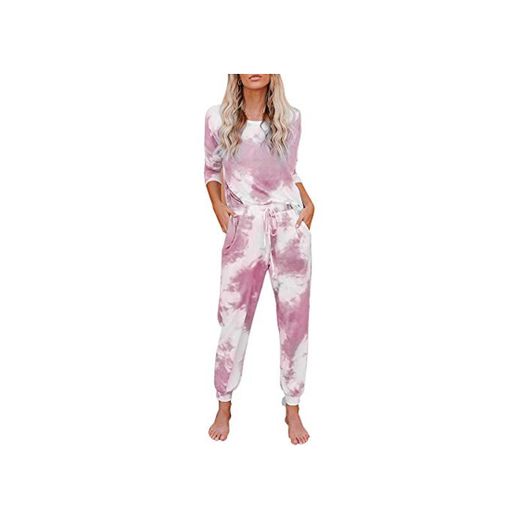 Puimentiua 2 Piezas Conjunto de Chándal Tie Dye Impreso para Mujer Traje de Pijama de Dormir de Camisa Jersey de Manga Larga y Pantalones Deportivos con Cordón