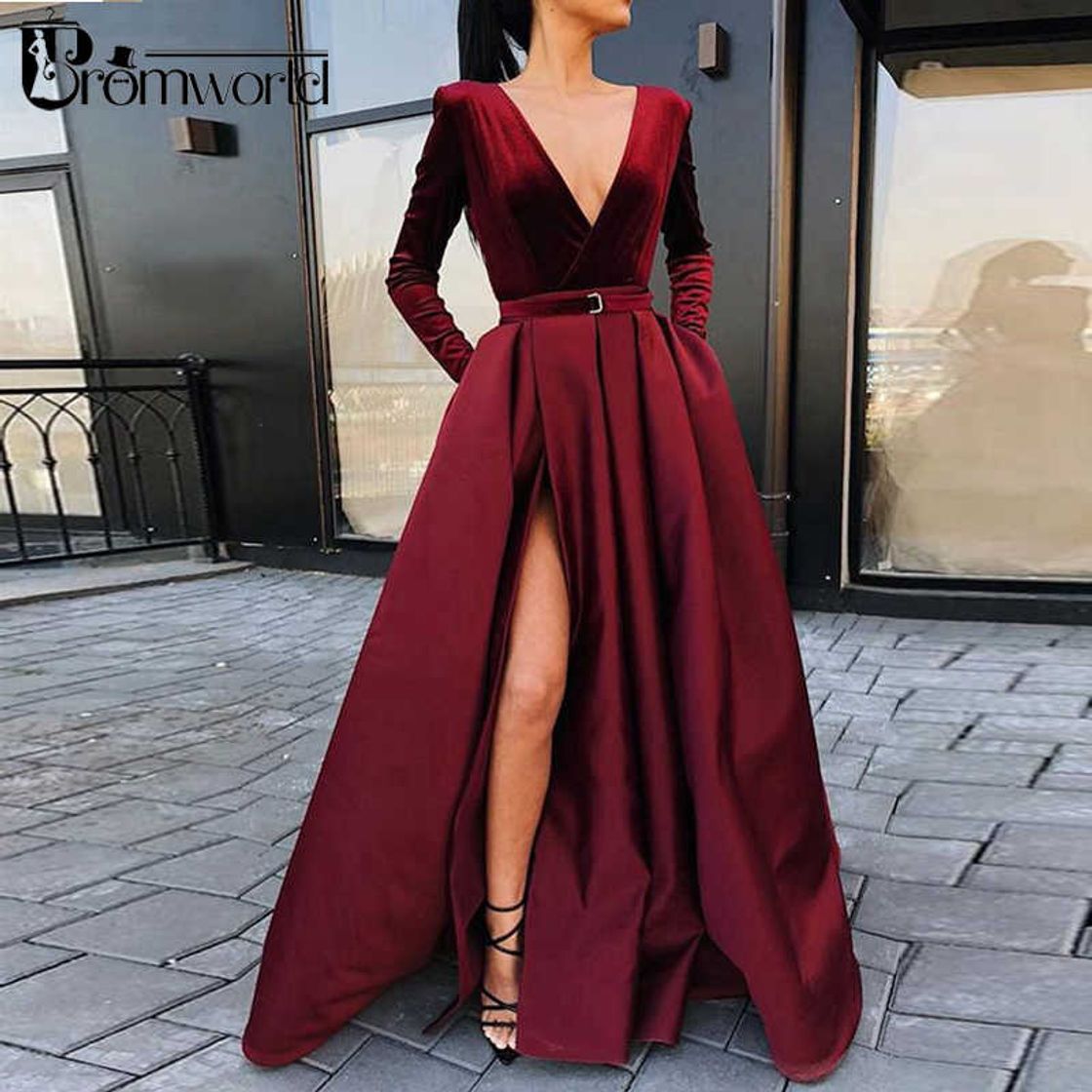 Moda A line Long Sleeve Burgundy Prom Dresses Satin Deep V Neck H