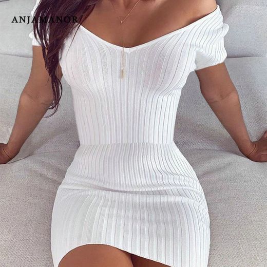 ANJAMANOR Sexy Ribbed Off Shoulder Mini Bodycon Dress Summer