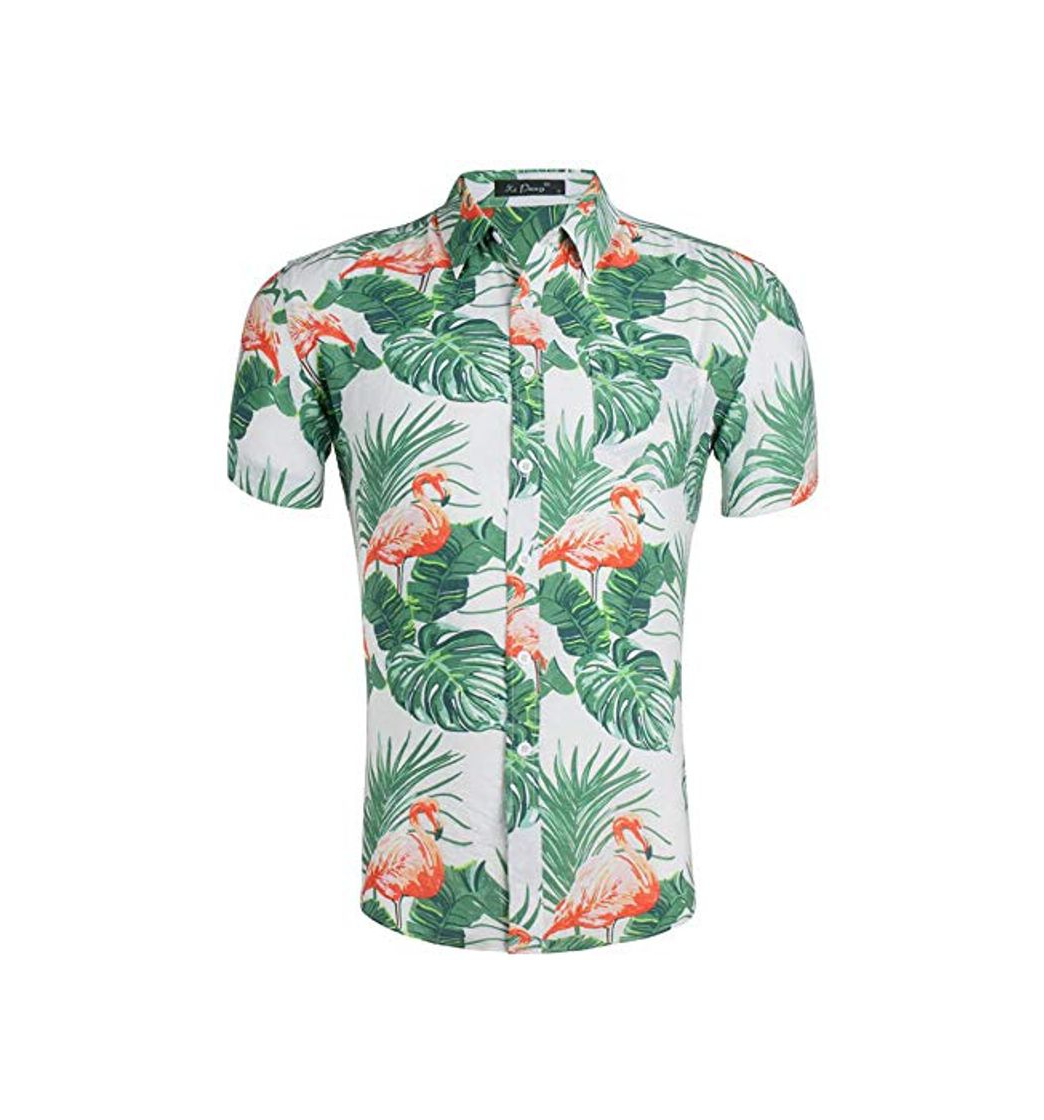 Fashion Loveternal Camisa Hawaiana Hombres Botón Abajo Camisa Flamenco Amarilla Algodón de Manga Corta Camisa Estampada 3D Vacaciones Hawaii Shirt M