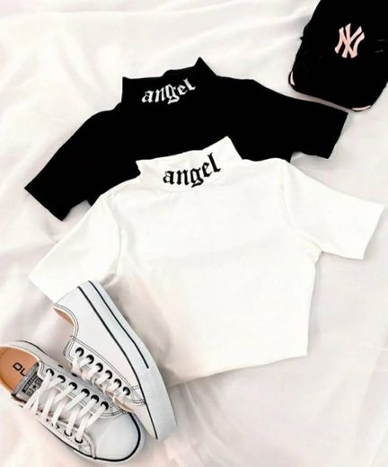 Blusa Cropped Feminino Gola Alta Angel Manga Curta Blogueira