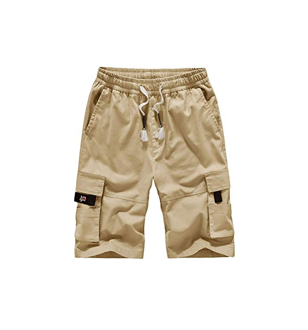 Moda Minetom Pantalones Cortos Deportivos de Algodón para Hombres Multibolsillo Camuflaje Cordón Cargo Bermuda Sweatpant A Caqui M