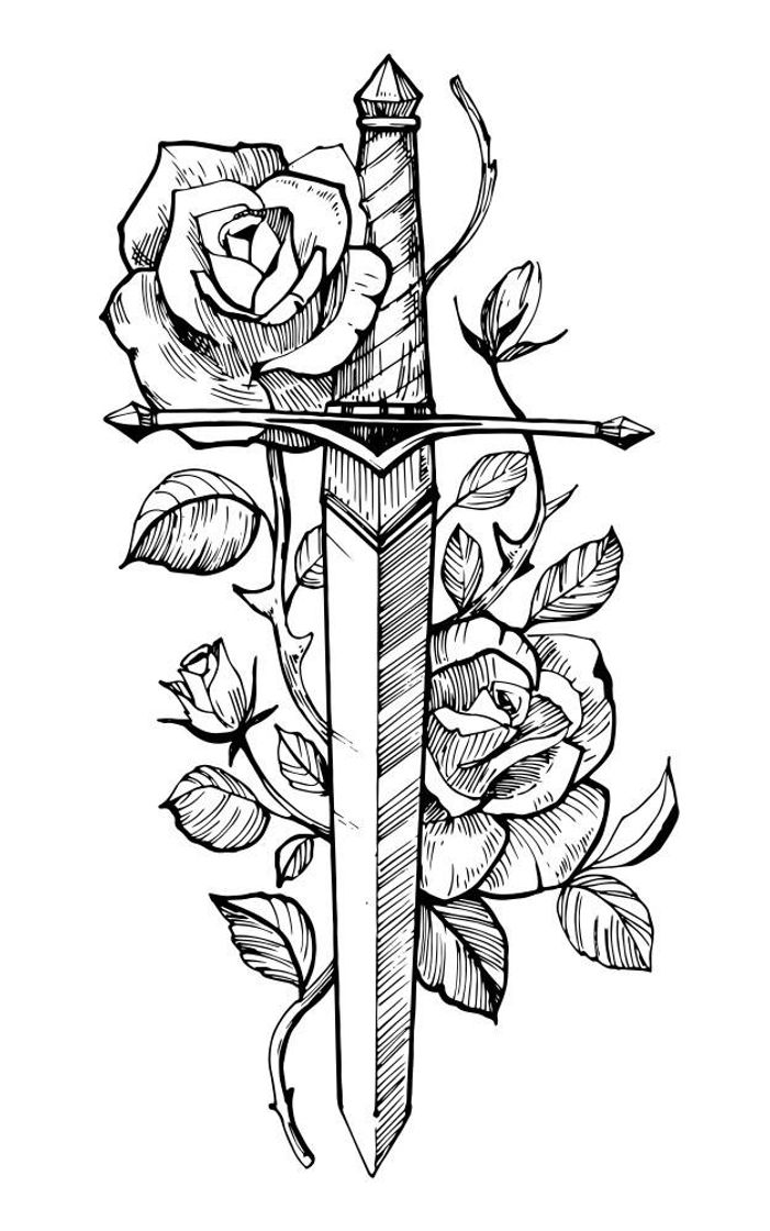 Fashion Tatuagem de espada com rosas.