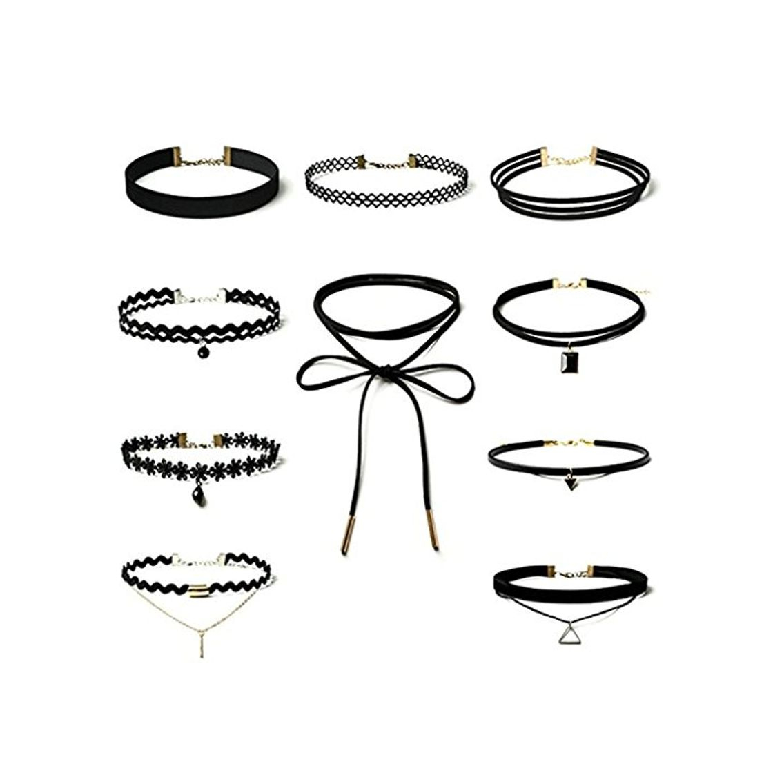 Moda Daesar 10 Piezas Gargantilla Mujer Conjunto de Collar Tattoo Punk Gothic Colgantes Choker Terciopelo Tatuaje Collar Cadena Negro