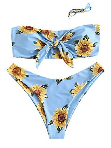 ZAFUL Conjunto de bikini para mujer con diseño de girasol azul M