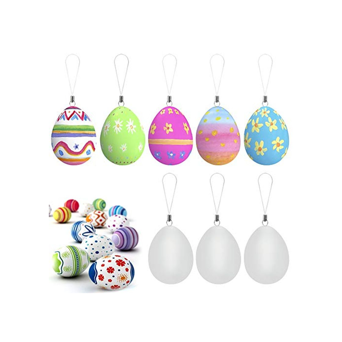 Product EMAGEREN Huevos de Pascua 24pcs Huevos de Plásticos Blancos Huevos para Pintar de Pascua Pintura de Huevos de Pascua Huevos Decorados con Cuerda Decoración de Pascua para Niños DIY Artesanía Escuela