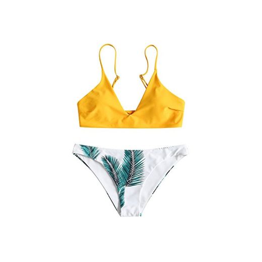 Zaful Bikini acolchado push-up para mujer con diseño de hojas Abeja amarilla