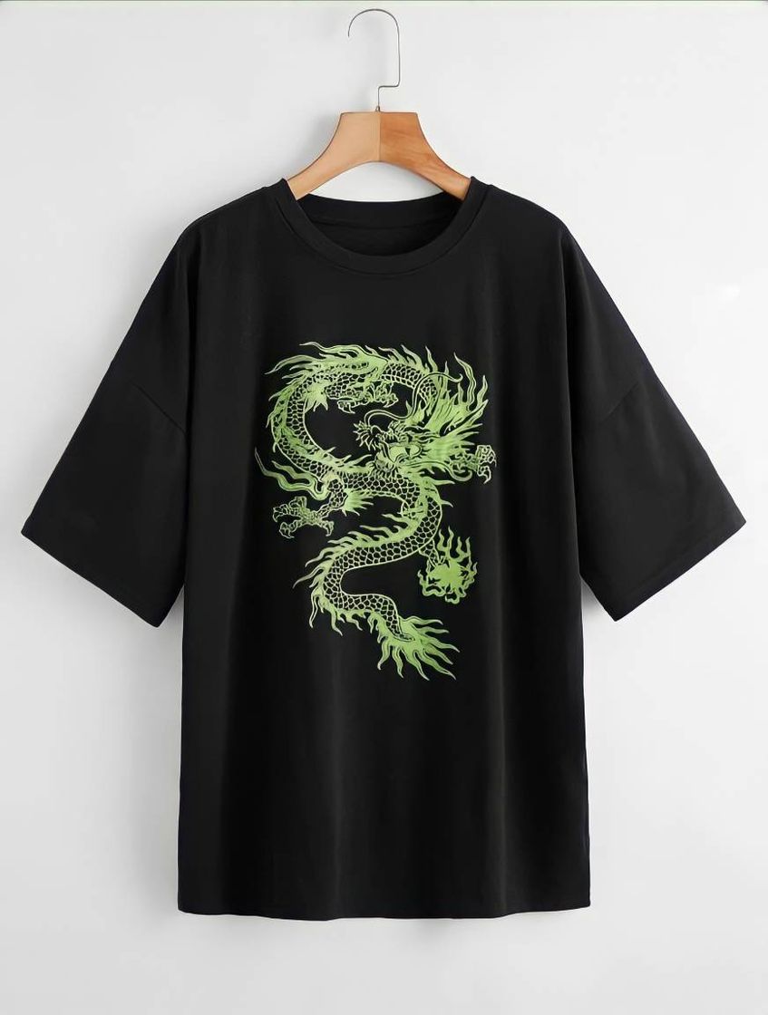 Moda Camiseta Preta com dragão verde (SHEIN) 