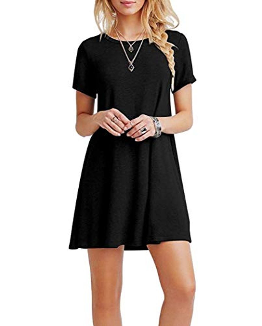 Fashion FALARY Vestidos Mujer Casual Camiseta Suelto Cuello Redondo Ocasional Sólida Mini Negro M