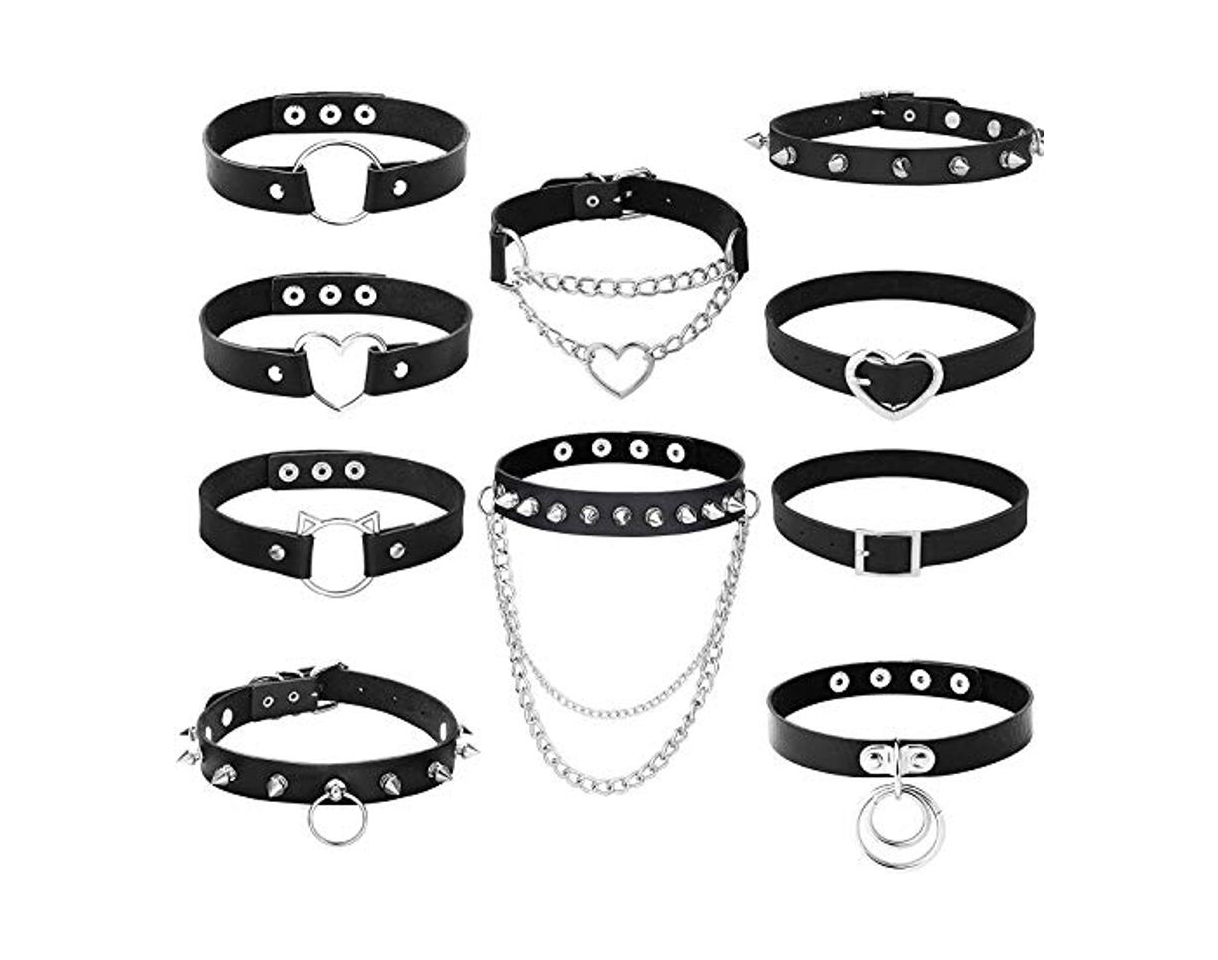 Moda Adramata 10Piezas Gargantillas de Cuero Negro Collar de PU Punk Gótico Vestido Elegante Collares de Cuello Ajustable Rock para Mujer