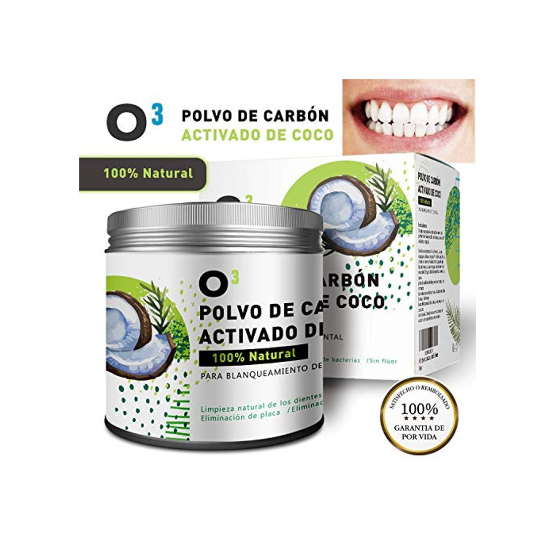 Productos O³ Carbon Activado Dientes – Polvo Blanqueador Dental De Coco 100% Natural