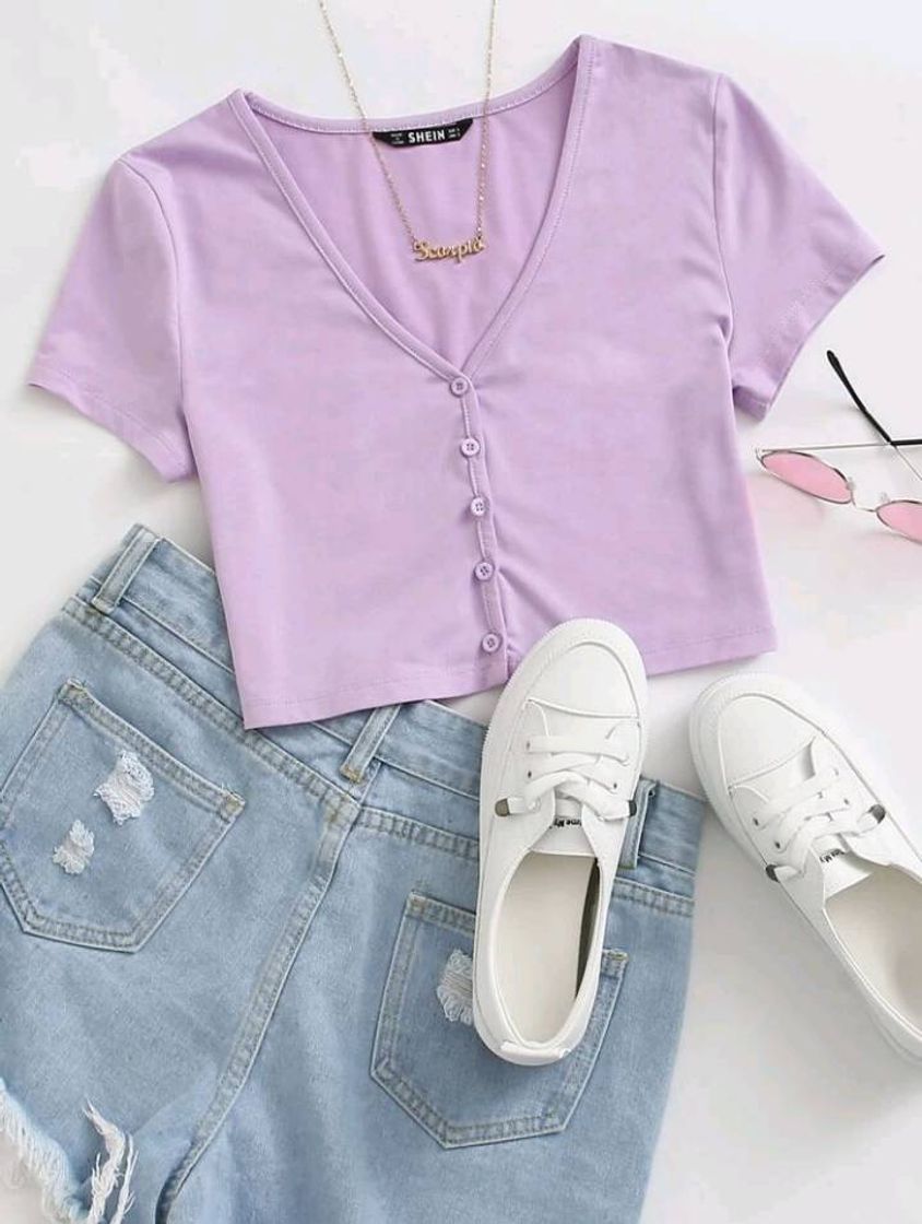 Fashion Cores Pastel Butões na frente Simples ocasional Camiseta