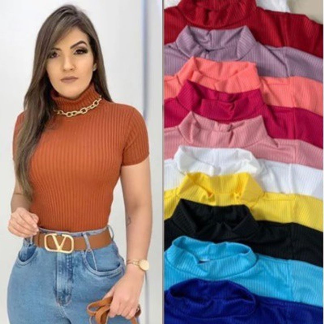 Moda Blusa feminina canelada Gola alta manga curta Blogueira😍