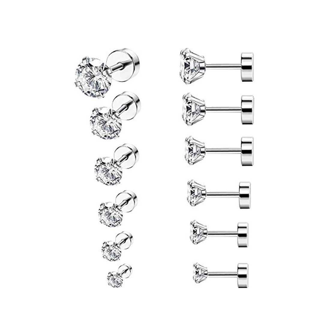 Belleza 6 Pares 18G Aretes de Perno de Zirconia Cúbica de Acero Inoxidable