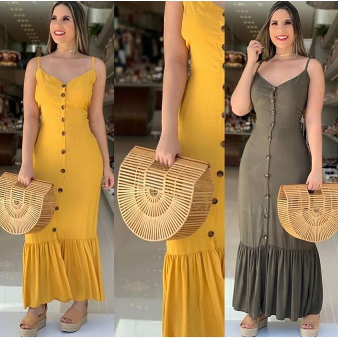 Fashion Vestido Longo Com Botões A Frente Com Babado e Bojo e Com Al