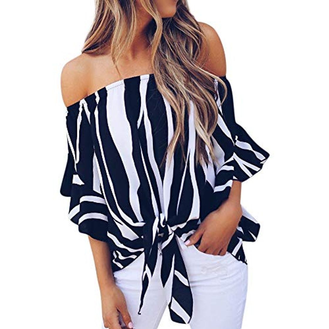 Social TUDUZ Blusas Mujer Manga Corta Verano Camisas Rayas Fuera del Hombro Camisetas