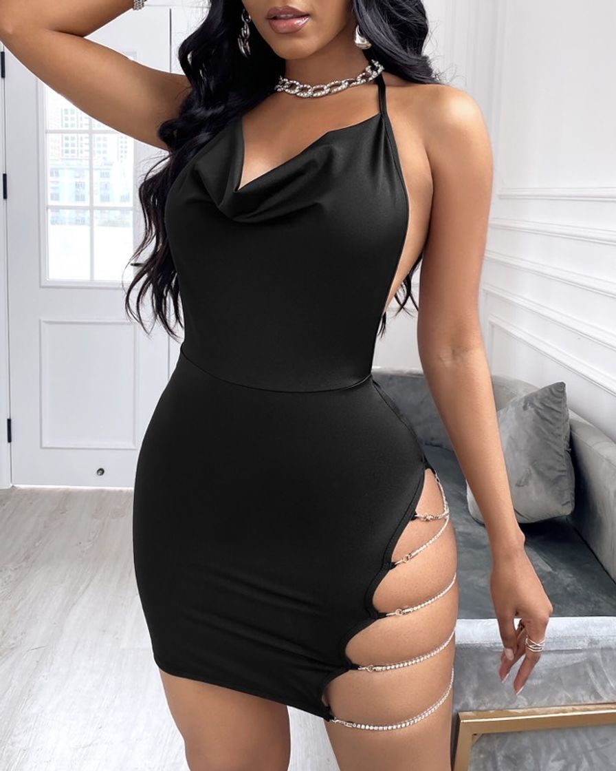 Moda Vestido cutout Chain Design Spaghetti Strap Bodycon