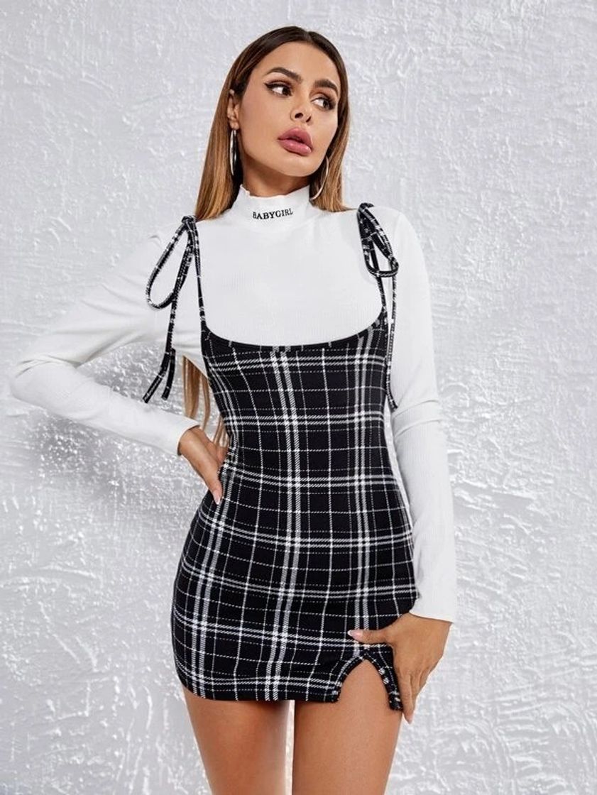 Moda Knot Shoulder Split Hem Plaid Overall Dress