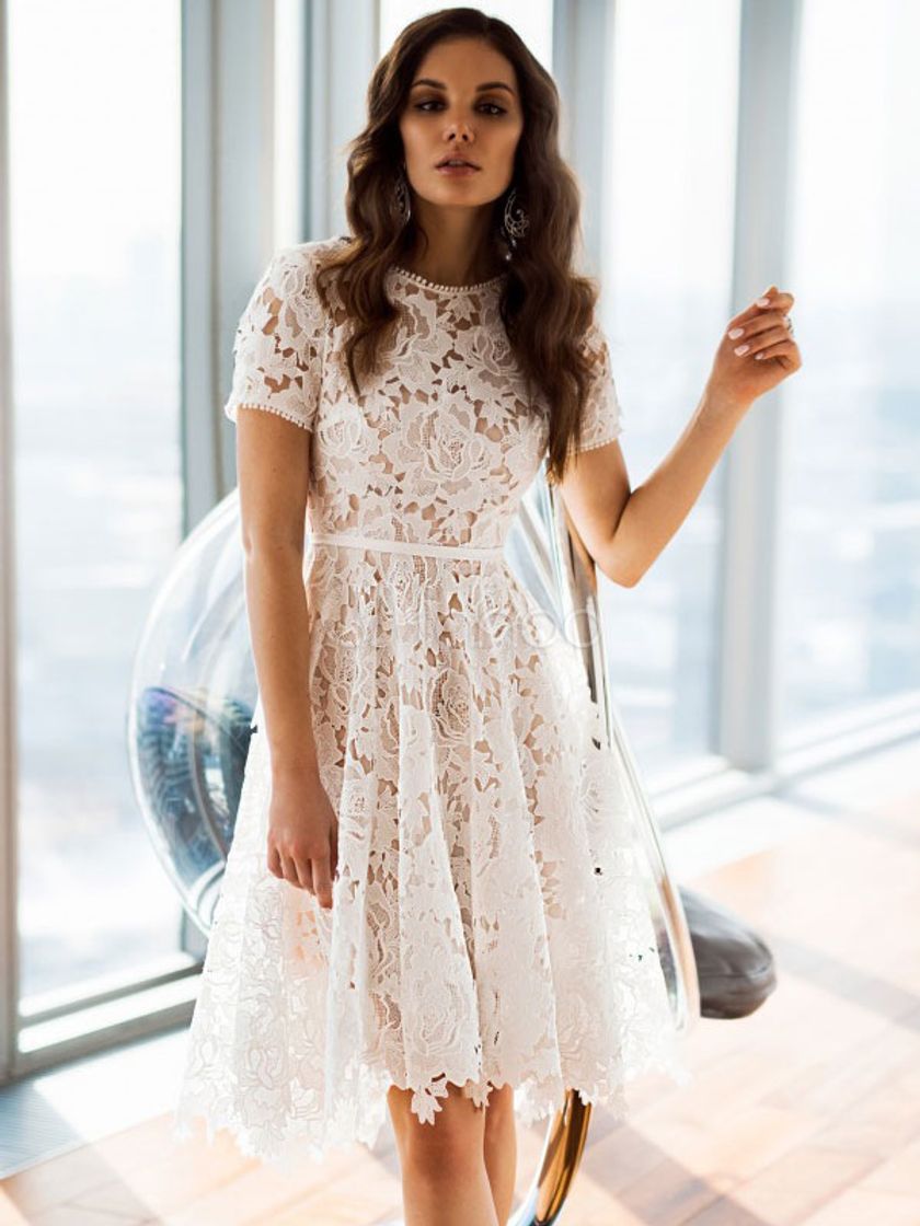 Moda Confira Vestido Feminino Branco Com Gola Redonda De Renda Se