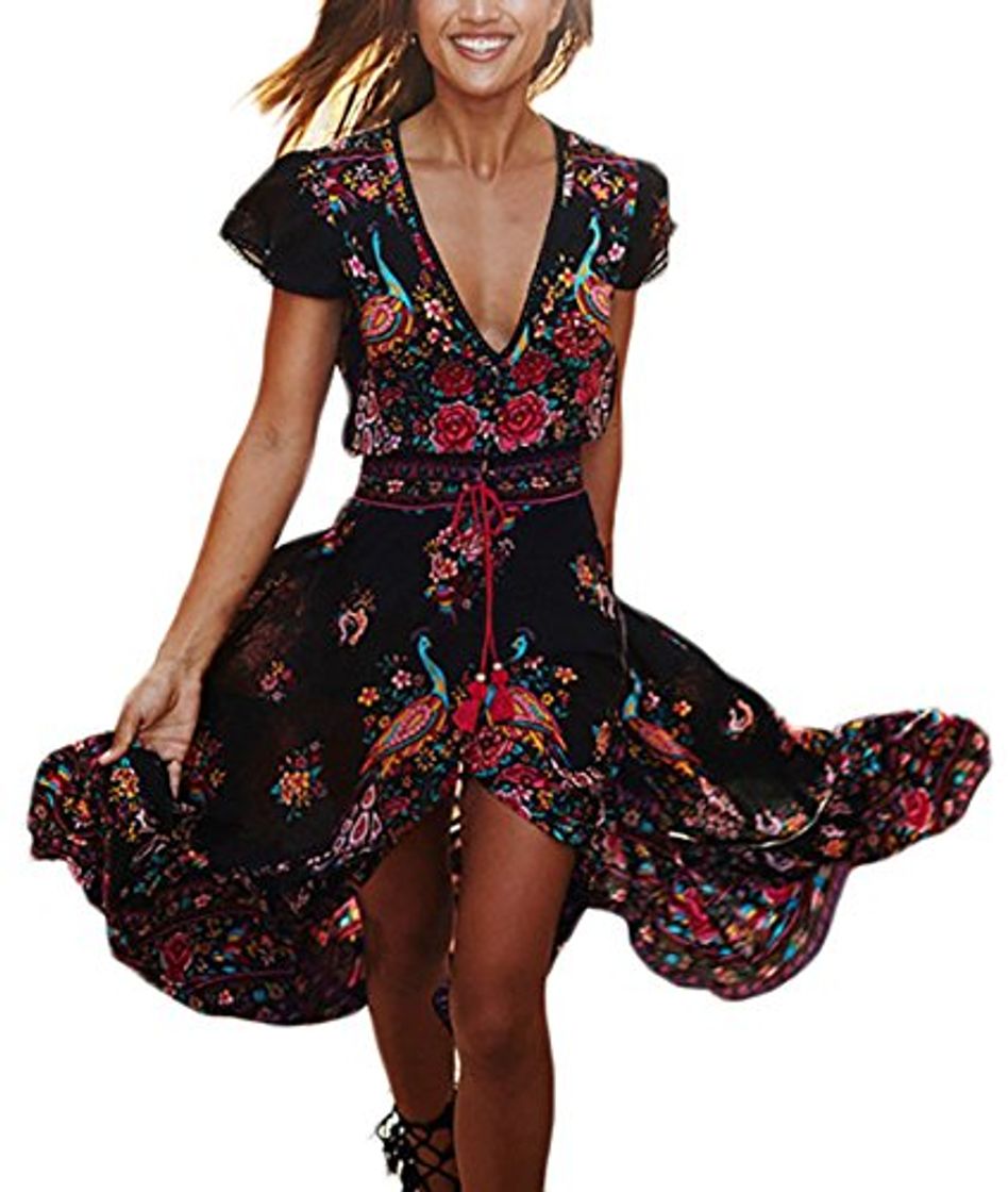 Fashion Mujer Vestidos Largos De Verano Vestidos Playa Elegantes Manga Corta V Cuello Casual Vintage Hippie Boho Flores Vestidos Verano Vestido Largo