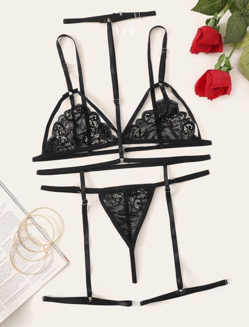 Moda Lingerie floral de renda preta