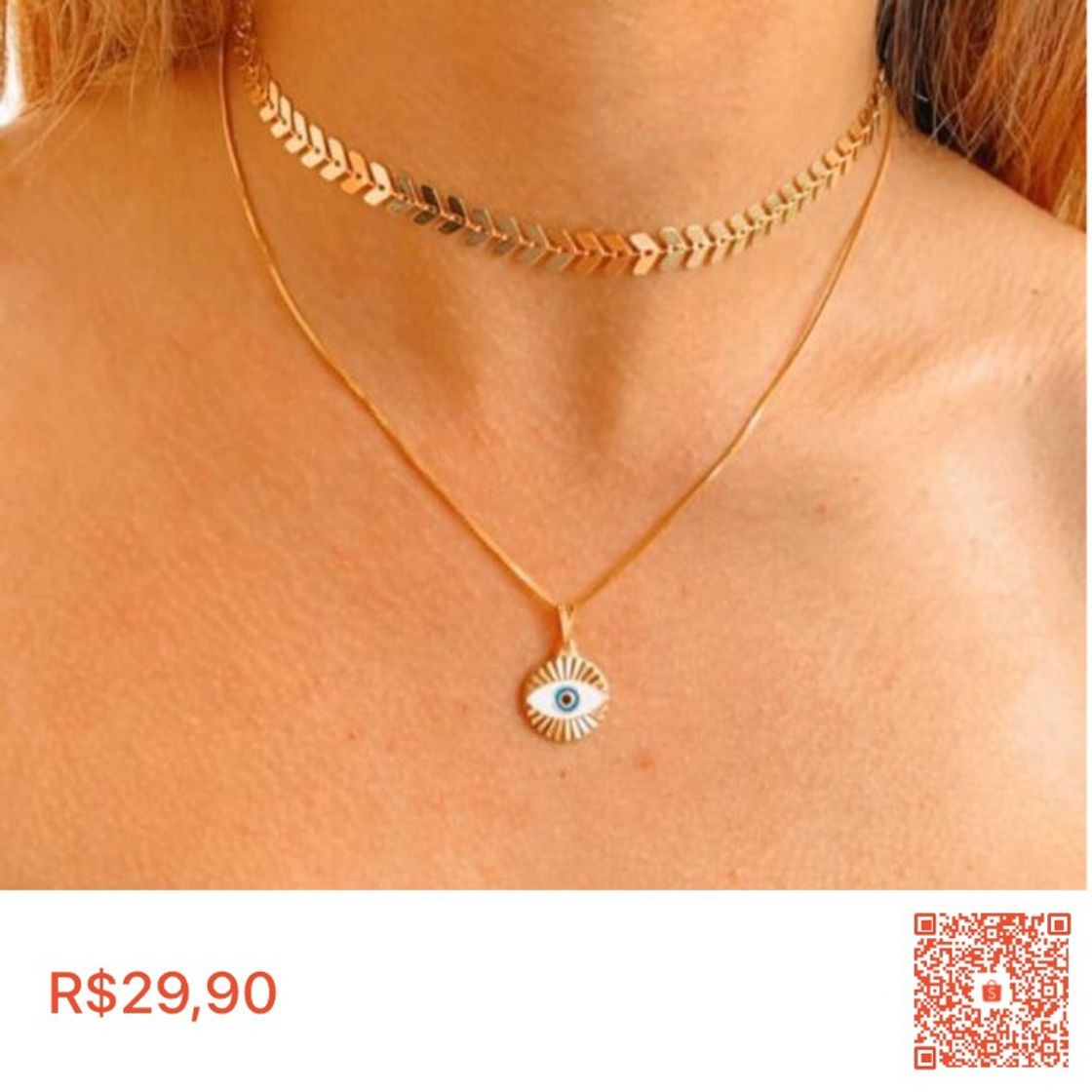 Fashion Gargantilha choker escama de peixe folheada a ouro + cordão 