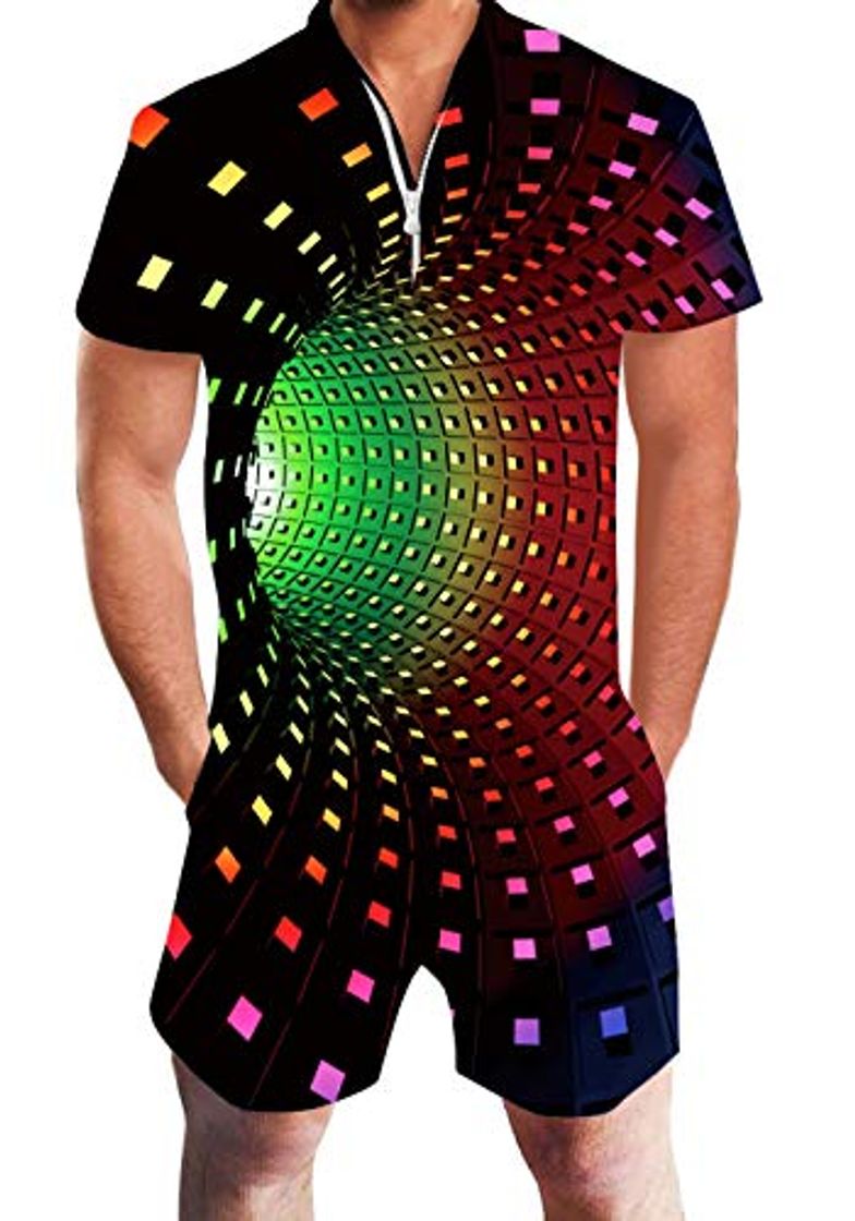 Social Mens Hawaii Romper 3D Funny Science Print Short Sleeve Zip Up Summer