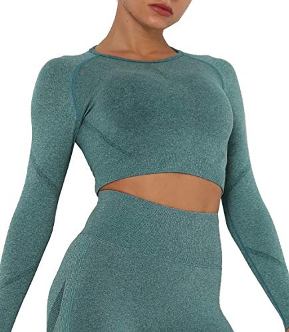 Moda KIWI RATA Yoga Camiseta Deportiva Mujer Manga Larga sin Costuras Crop Top Deporte para Fitness Running Gimnasio Elásticos y Transpirables