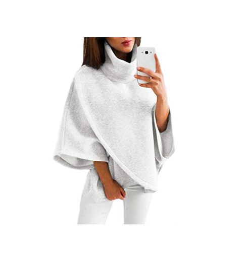 YOINS Poncho de Punto de Mujeres Elegantes Suéter Capa para Invierno Cálido Pullover de Cuello Alto Asimétrico Blanco L
