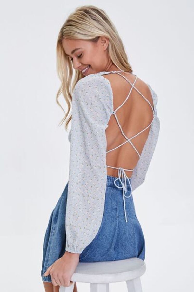 Fashion Floral Lace-Back Crop Top