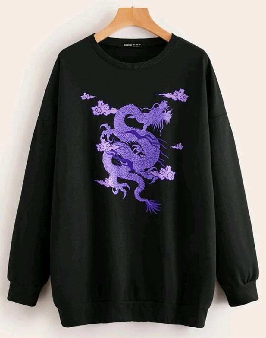 Moda Moletom preto com estampa de dragão roxo 