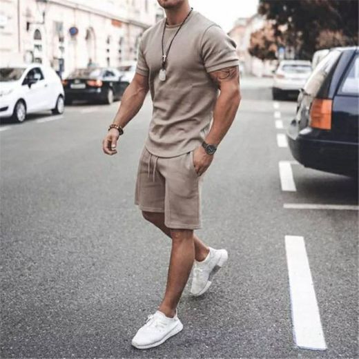 Conjuntos de manga curta camisa + shorts sólido masculino