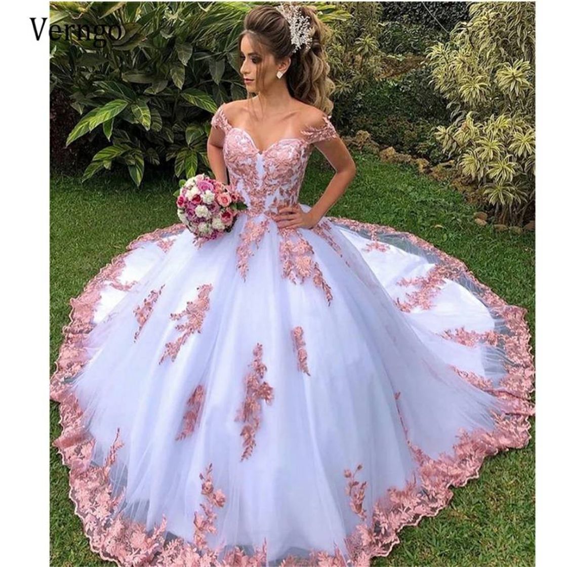 Fashion Verngo vestido de noiva 2021 fora do ombro blush rosa renda