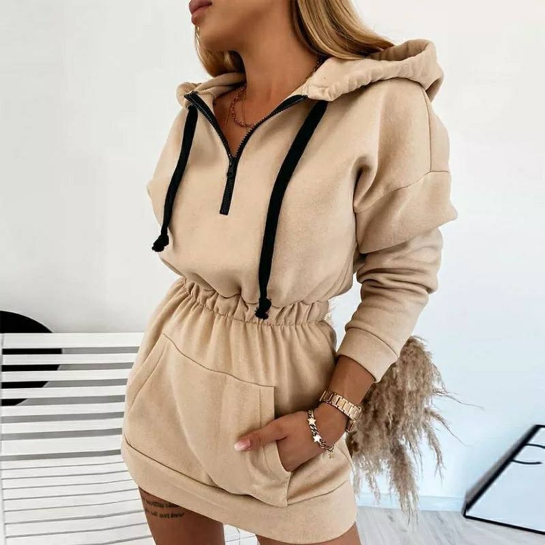 Moda Vestidos outono inverno frente drawstring sweatshirt