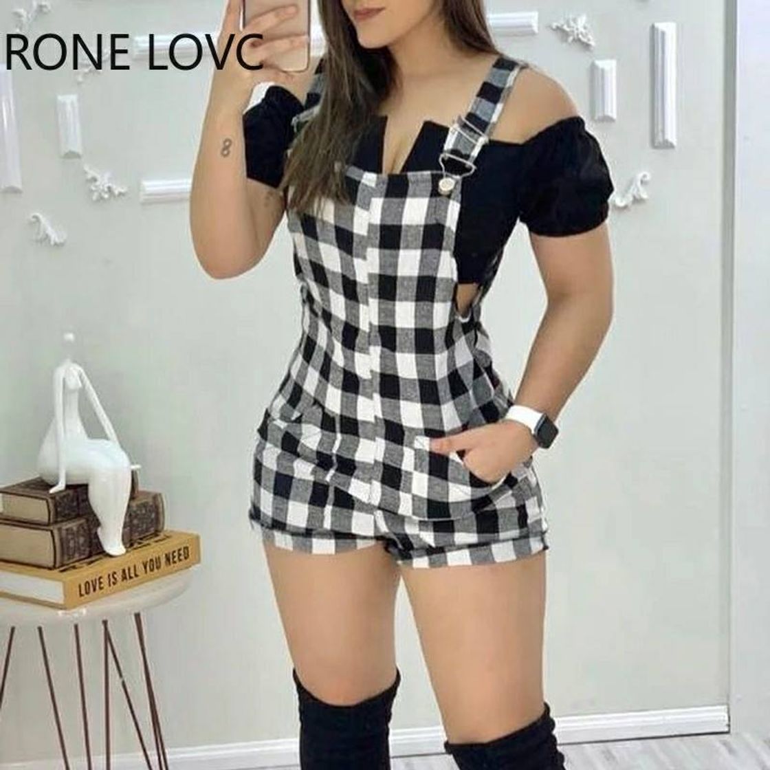 Fashion Gingham impressão larga cinta romper verão sexy macacão