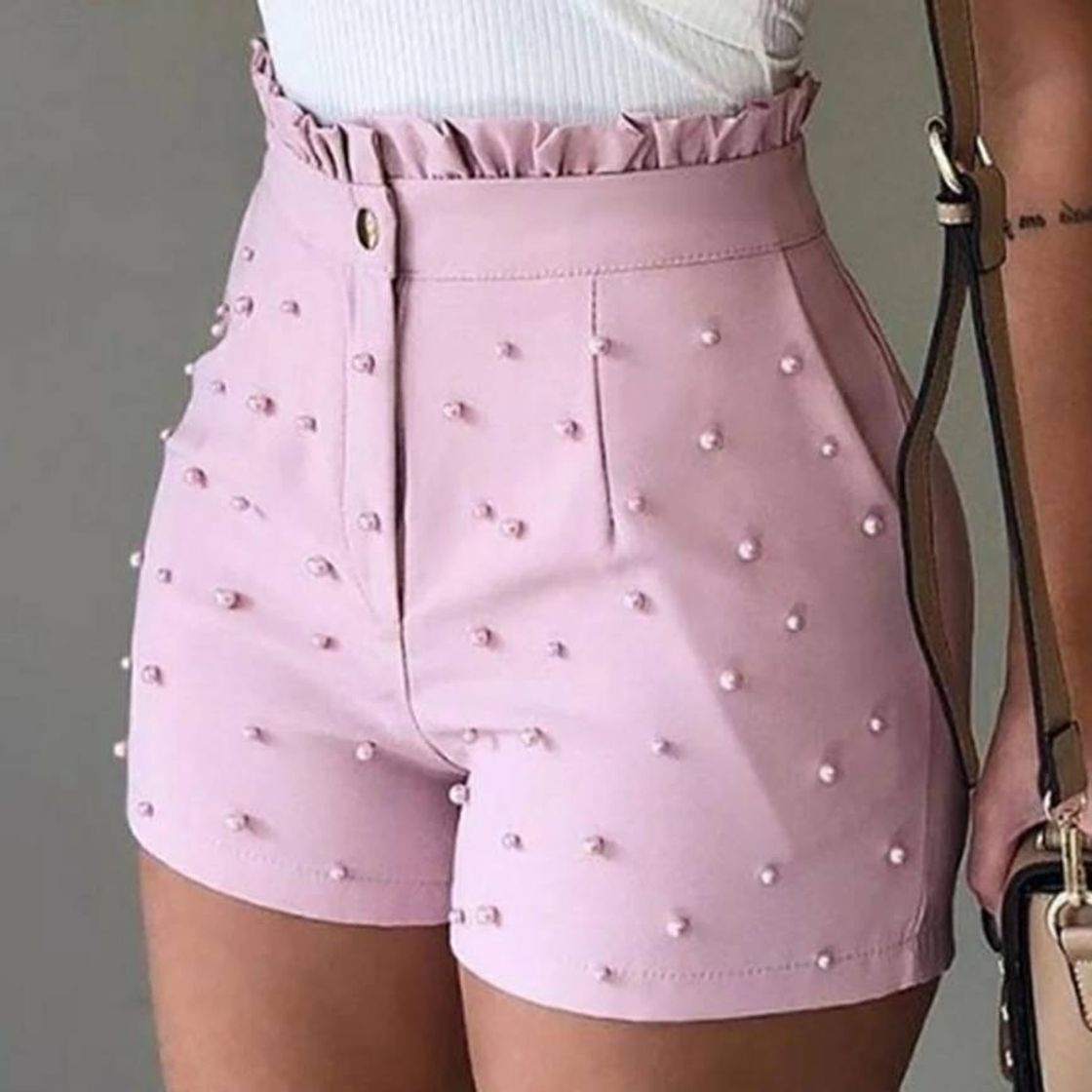 Fashion Feminino shorts botão babados frisado verão