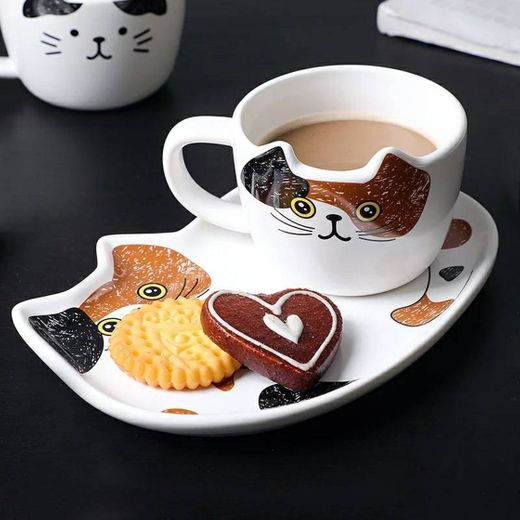 Conjunto de caneca de cerâmica com gato, xícara de café fofa