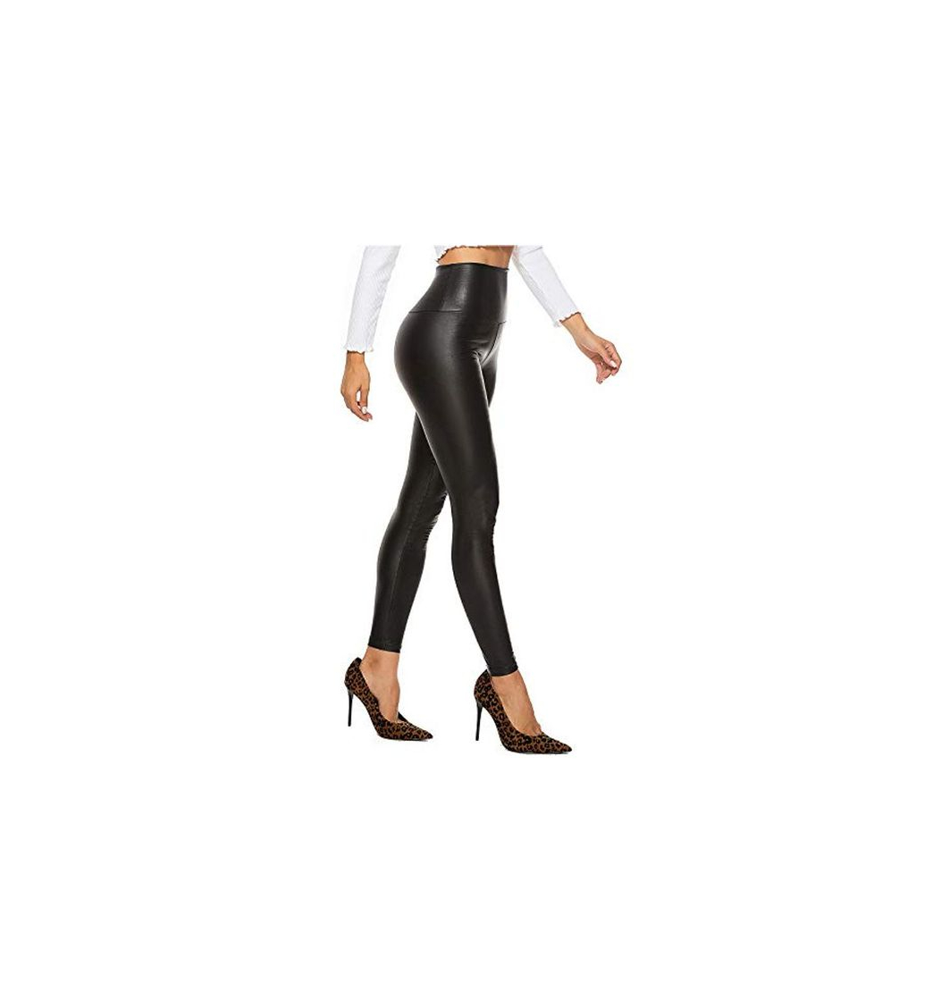 Moda FITTOO PU Leggings Cuero Imitación Pantalón Elásticos Cintura Alta Push Up para Mujer #2 Clásico Negro Mate L