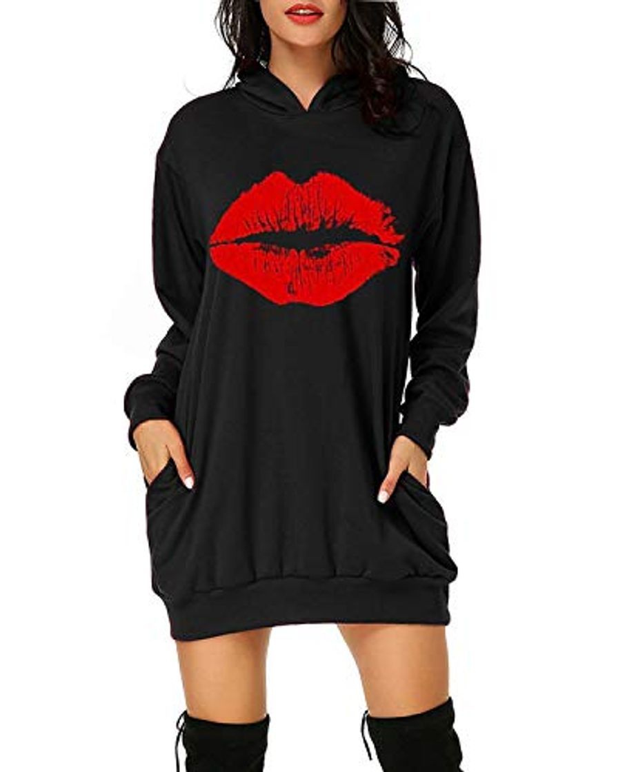 Producto Auxo Vestido con Capucha de Mujer Sudadera de túnica Extragrande con Estampado de Manga Larga Jersey de Punto de Gran tamaño Jersey Negro Large