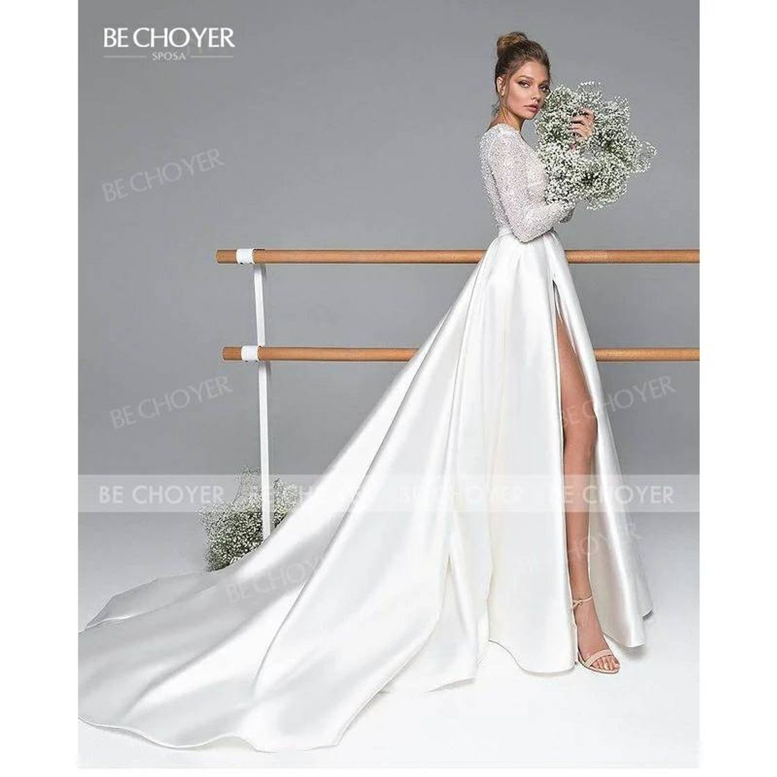 Social Bechoyer luxo manga longa cetim vestido de casamento