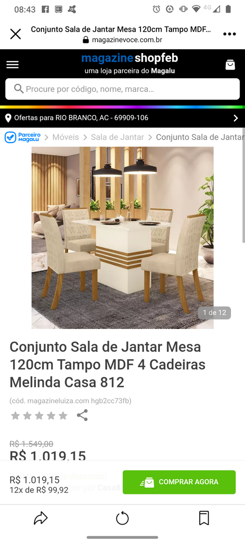 Fashion Conjunto Sala de Jantar Mesa 4 cadeiras